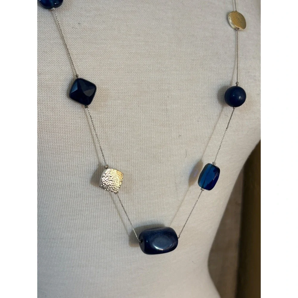 Navy Blue Geometric Station Necklace Hammered Silver Tone Long Chain